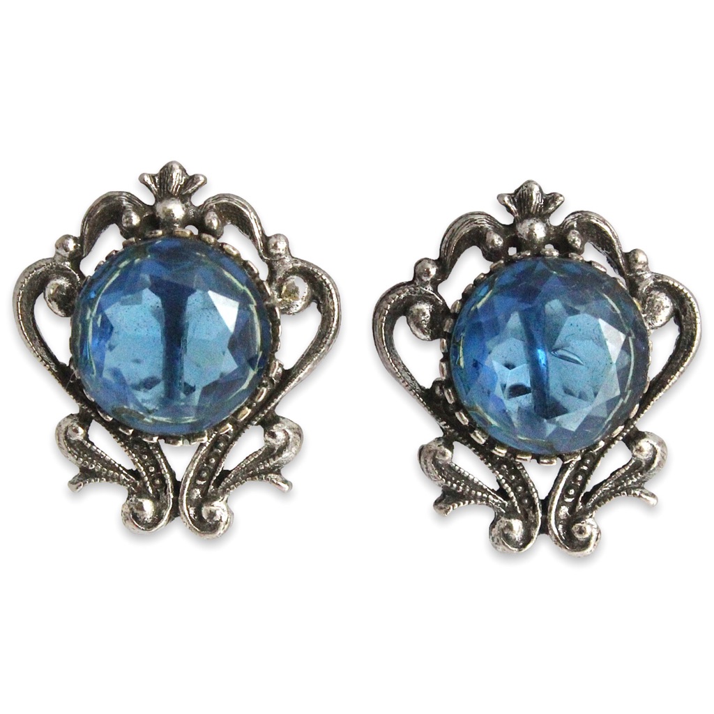 Vintage Florenza Blue Sapphire Glass Clip On Earrings Oxidized Silver Tone 89$